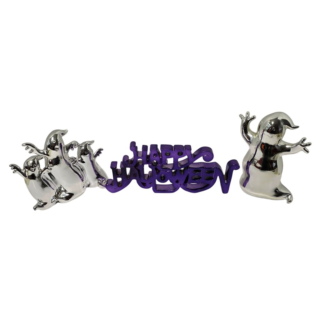 Metallic Halloween Decor Set Silver Chrome Ghosts Purple Happy Halloween Sign*